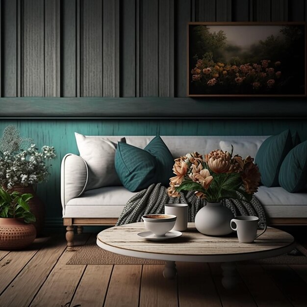 Фото Гостиная с диваном, вазой с цветами и картиной на стене.
