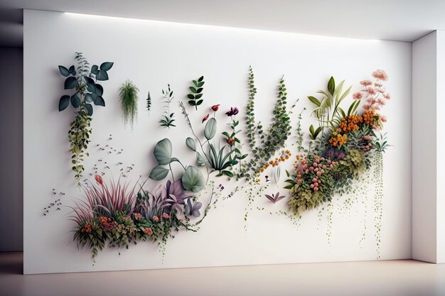 사진 생성 ai로 만든 매끄러운 흰색 벽에 식물과 꽃의 살아있는 벽