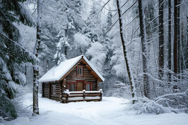 Фото Деревянный домик стоит посреди зимнего леса, покрытого снегом, деревенский домик, уединенный в густом зимнем лесу.