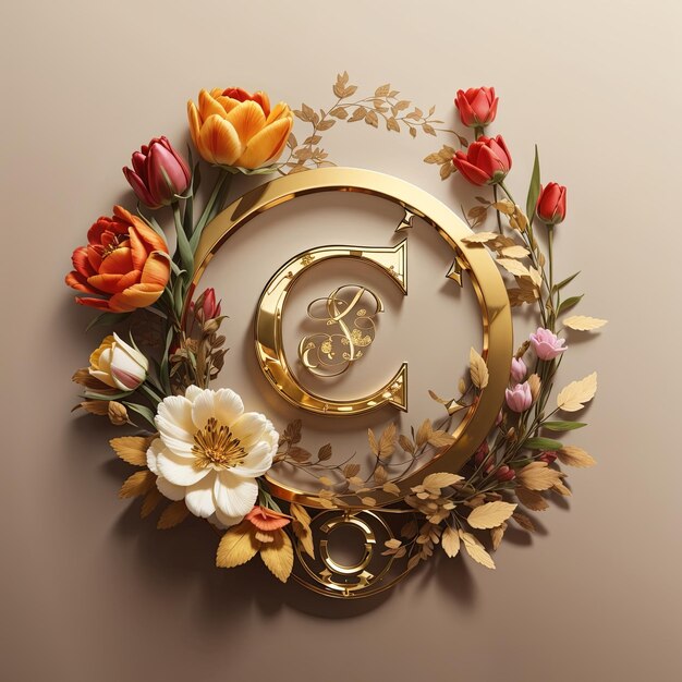 Фото Логотип, состоящий из букв, окруженных тюльпаном и розами, логотип круглый, золотой и коричневый.