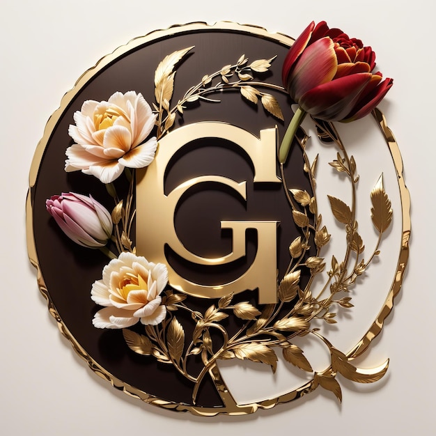 写真 チューリップとバラに囲まれた文字を組み合わせたロゴ ロゴは円形で 金色と茶色です