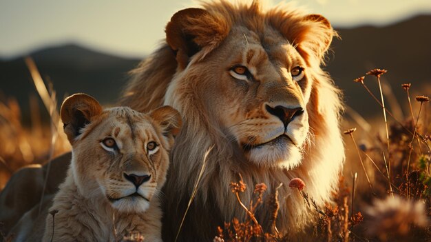 写真 草に覆われた野原の上に横たわるロースと雌ライオン