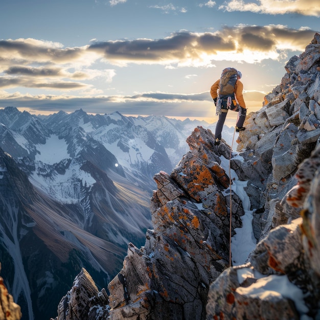 Фото Одинокий альпинист поднимается на крутую горную вершину