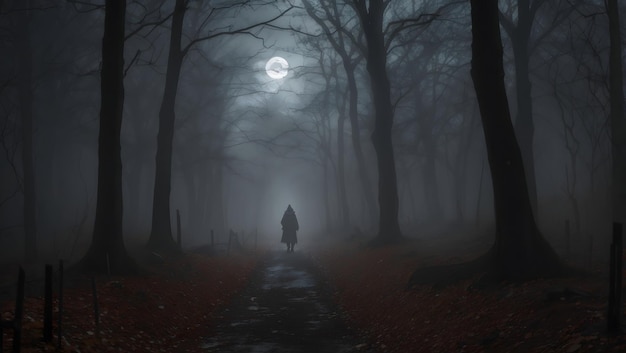 Фото Одинокая фигура в ночь хэллоуина изображение генерируется с использованием искусственного интеллекта