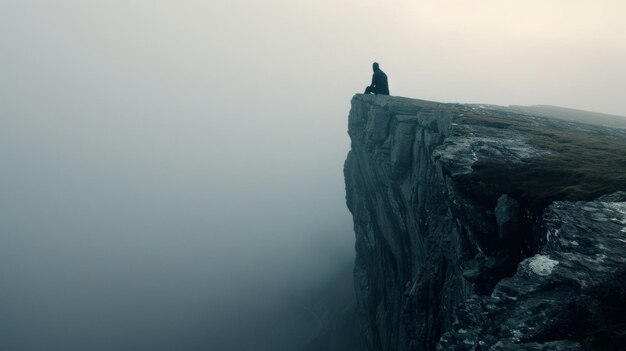 写真 崖っちの頂上に座って カメラに向かって 隠された秘密を考えています