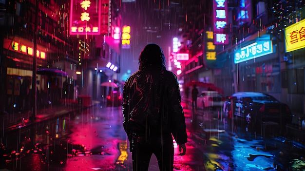 사진 한 외로운 인물이 비가 은 미래의 도시의 거리에서 서 있습니다. 도시는 네온 조명과 어두운 그림자의 활기찬 혼합물입니다.