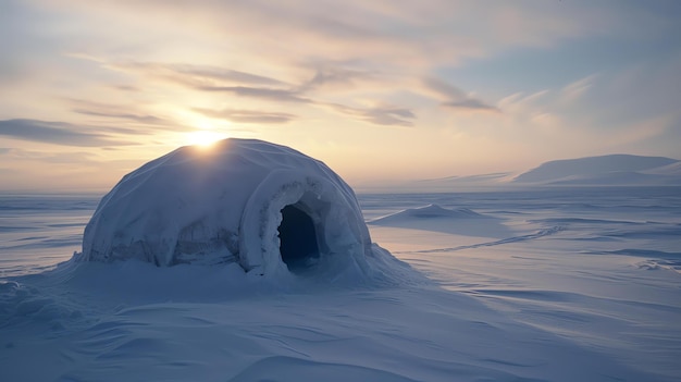 Фото Одинокий иглу сидит на огромной замороженной тундре заходящее солнце бросает длинные тени по снегу чувство изоляции и одиночества пронизывает сцену