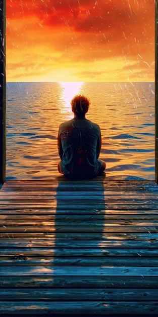 Фото Одинокий человек размышляет о спокойной красоте заката, оранжевых и синих оттенках, отражающихся в море.