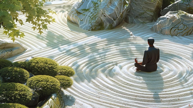 写真 禅の庭で瞑想している孤独な僧侶庭は砂と石の同心円で囲まれています