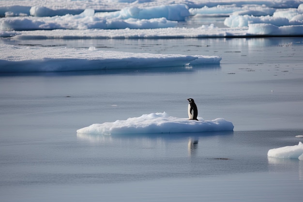 写真 気候変動と地球温暖化を表す、溶ける流氷の上に浮かぶ一匹のペンギン 生成 ai