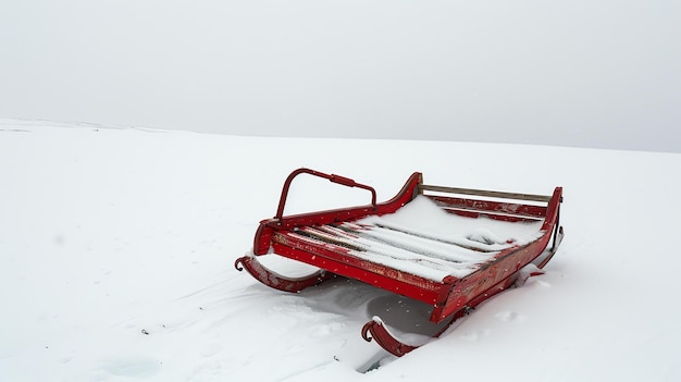 写真 孤独な赤いスレードが雪の野原に捨てられて座っていますスレードは木製で金属のフレームがあります