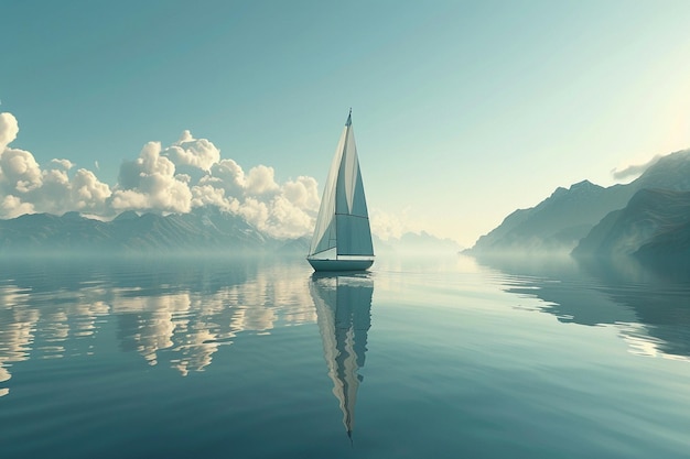 Фото Одинокая парусная лодка, плавающая по спокойному отражающему лучу.