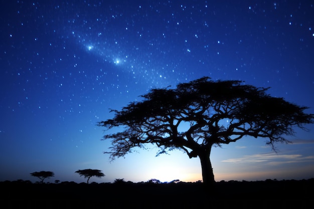 사진 하늘에 별이 있는 밤 한가운데에 있는 외로운 나무