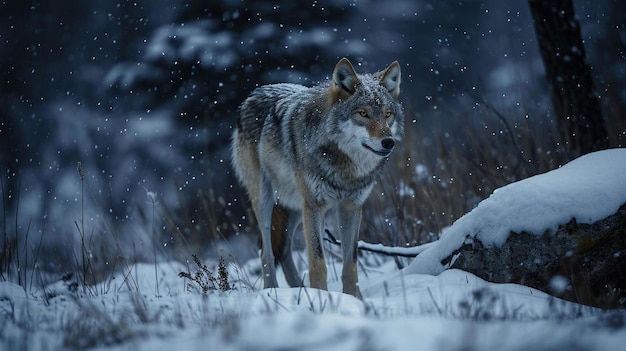 Фото Одинокий волк, стоящий в снежном лесу
