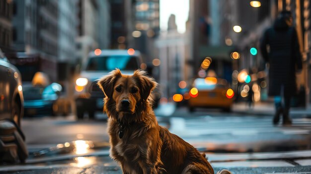 写真 忙しい街の通りで一人犬が座って通りすがりの人々を見上げている犬は金色の茶色で胸に白い毛皮の斑点がある