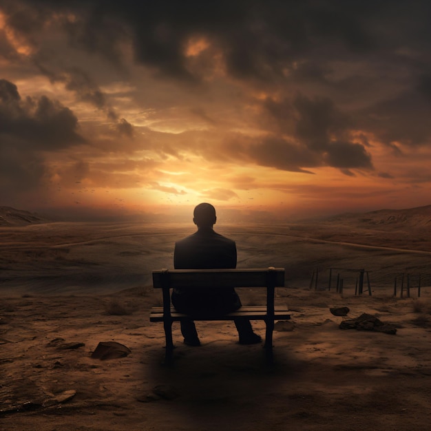 Фото Одинокий человек сидит на скамейке
