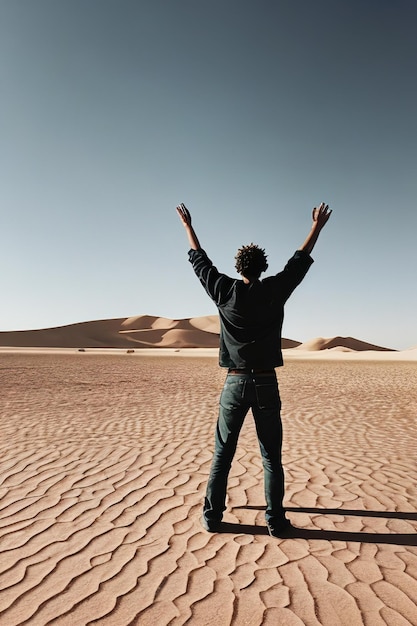 Фото Одинокий человек стоит среди песка и простирает руки к солнцу иллюстрация, созданная ай