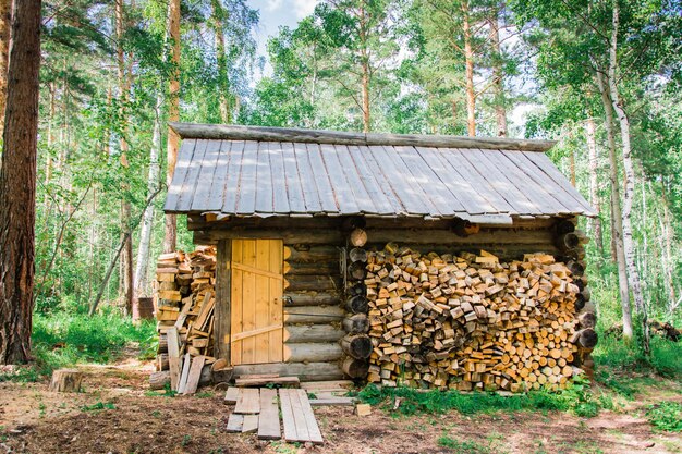 写真 森の広場の近くにある森の老屋と柴の山