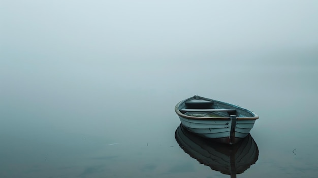 Фото Одинокая гребная лодка сидит на тихом озере в туманный день лодка окрашена в светло-голубой цвет и отражается в воде на сером фоне