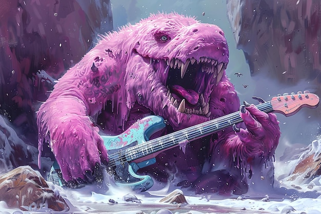 사진 얼음 시대 만화에서 기타를 연주하는 긴 수염 매머드