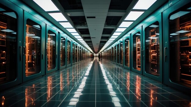 Фото Длинный коридор с большим количеством серверных стойки на нем