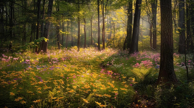 写真 茂った森で色々な野の花が満開太陽が明るく輝いて暖かく魅力的な囲気を生み出しています