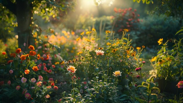 写真 柔らかい日光に浴びたく花がく茂った庭園