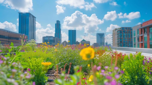 写真 繁忙した街の真ん中にある緑豊かな屋根上の庭園色とりどりの花や植物に満ちた庭園でスカイラインの素晴らしい景色が眺められます