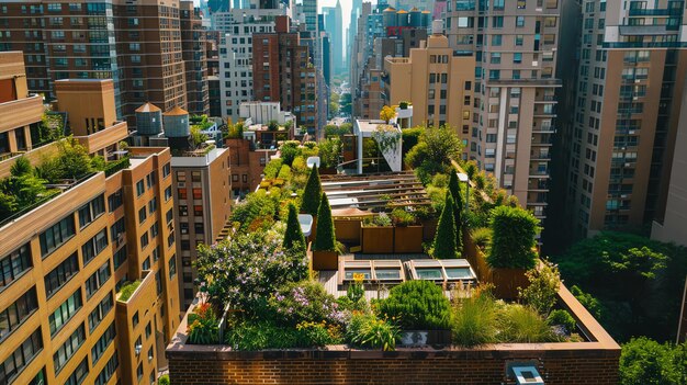 写真 繁忙した都市の真ん中にある 茂った屋根上の庭園のオアシス
