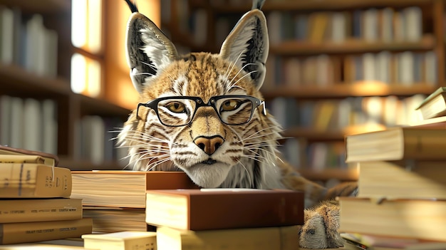 사진 줄이 있는 안경을 입은 강아지가 도서관에 앉아서 카메라를 쳐다보고 있습니다. 강아지는 책들로 둘러싸여 있습니다.