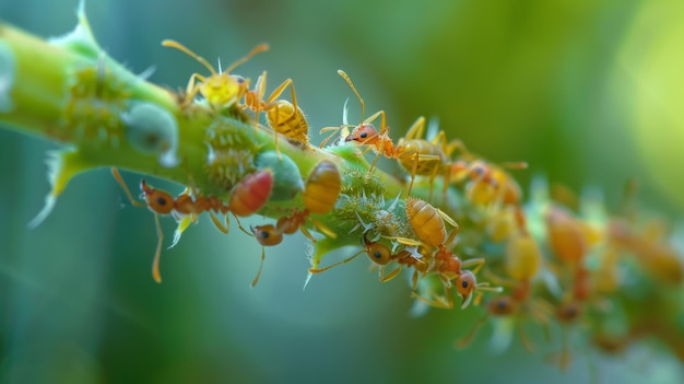 写真 a macro shot of ants tending to aphids on a plant stem showcasing the symbiotic relationship between insects in the ecosystem