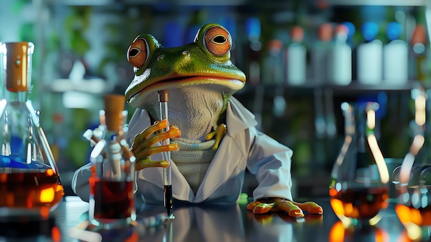写真 狂った科学者のカエルが実験室で実験を行っています彼は実験用コートを着て試管を握っています