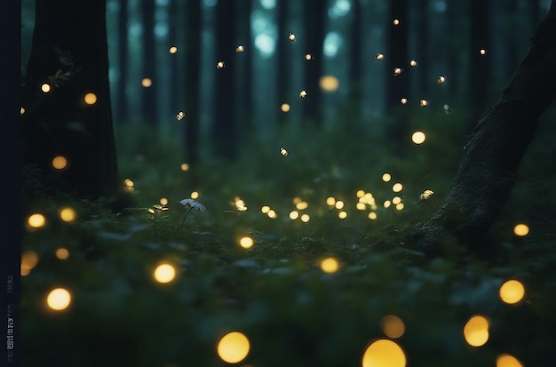 Фото Волшебная лесная поляна с светящимися светлячками причудливыми существами и очаровательной атмосферой