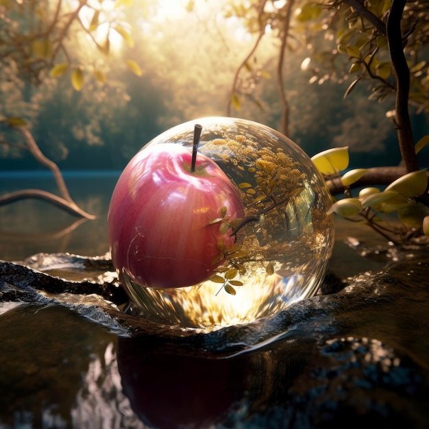 사진 물 표면에 마법의 유리 사과