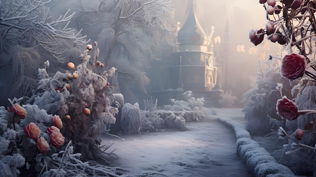 Фото Волшебная зимняя страна чудес с замороженными цветами