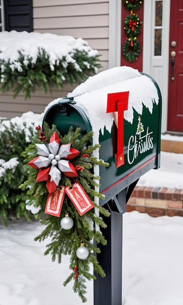 写真 クリスマス の 花束 と 赤い 弓 で 飾ら れ た 郵便 箱