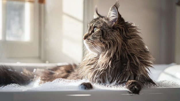 사진 메인 쿠인 고양이 가 물 으로 가득 찬 욕조 에 조용히 앉아 메인 쿠인을 돌보는 것 의 정리적 인 면 을 보여 준다