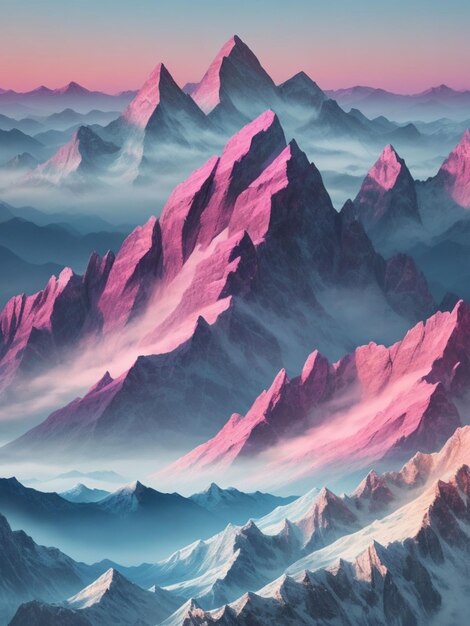Фото Величественный горный хребет, окрашенный в мягкие оттенки светло-синего розового и фиолетового цвета, возвышается напротив