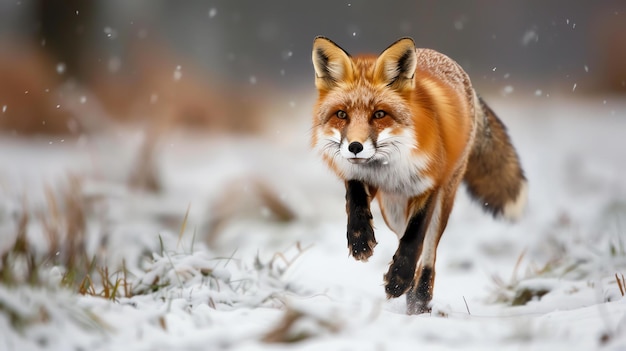 写真 壮大な赤いキツネが雪に覆われた森を駆け抜ける
