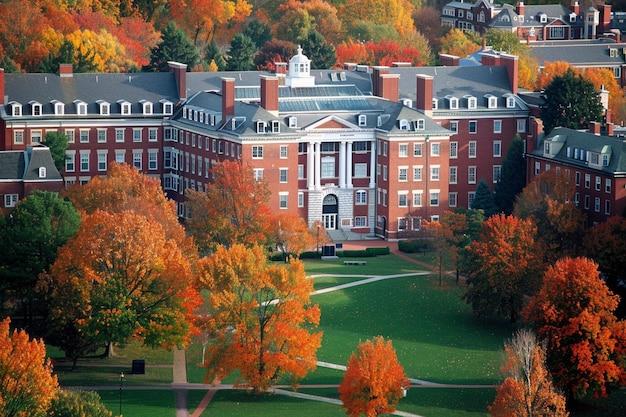 写真 秋の木々に囲まれた壮大な大学ビル