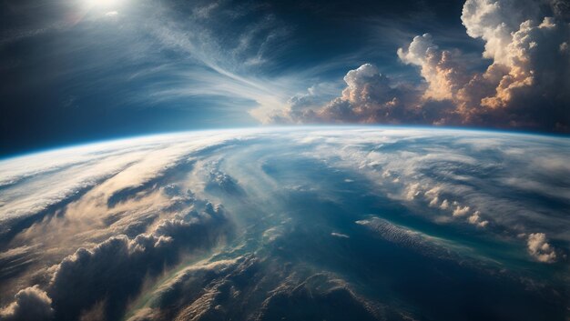 사진 소용돌이치는 구름과 바다가 있는 우주에서 지구의 장엄한 풍경을 감상하세요