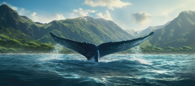 Фото Величественный хвост кита, выходящий из глубин океана