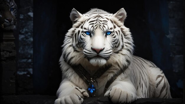 写真 黒い背景に囲まれた 突き刺すような青い目を持つ 壮大な 白いシベリアの虎