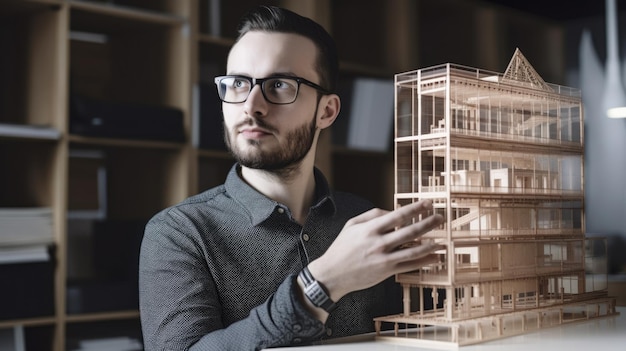 Фото Мужчина-архитектор держит модель здания в офисе генеративный ии aig21