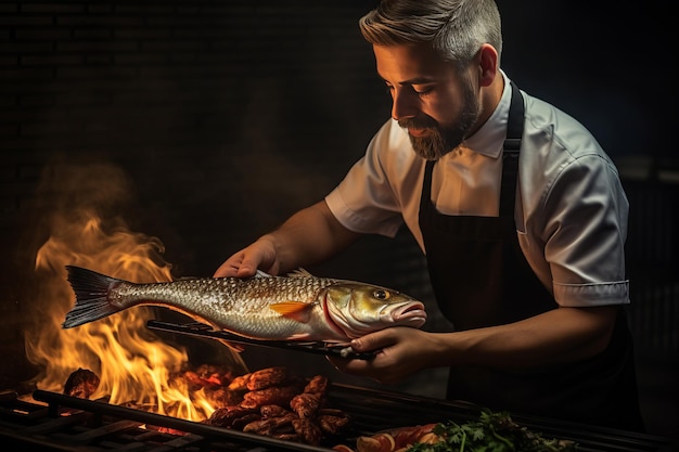 写真 高解像度のストック写真で男性シェフが魚を調理しグリルしています
