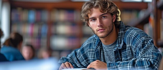 写真 男性の大学生が図書館で数学と幾何学の宿題をしています ⁇