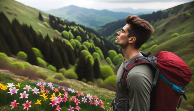 Фото Мужчина-путешественник стоит на зеленой вершине холма и пытается подышать, а позади него цветут яркие весенние цветы на снимке крупным планом.