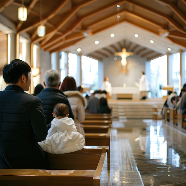 사진 한 남자 와 한 아기 가 제단 꼭대기 에 십자가 가 있는 교회 에 앉아 있다
