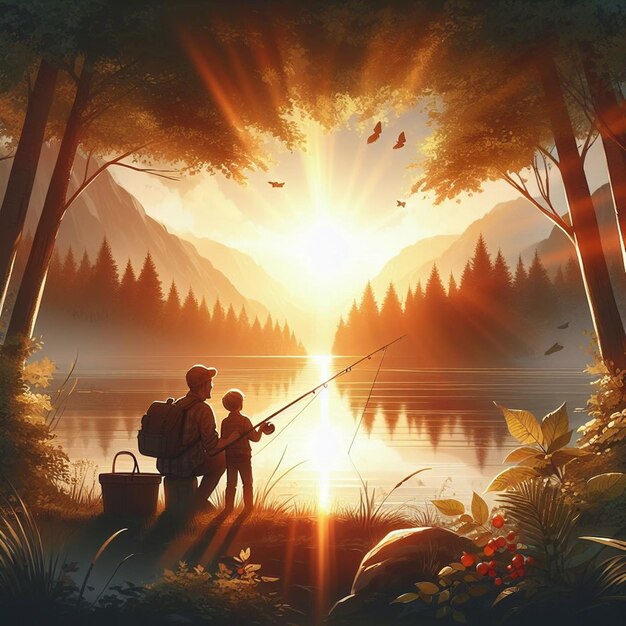 Фото Мужчина и мальчик ловят рыбу в лесу с горами на заднем плане