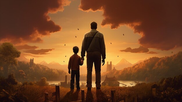 写真 男と少年が丘の上に立って湖を見ています